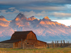 Old barn with mountains